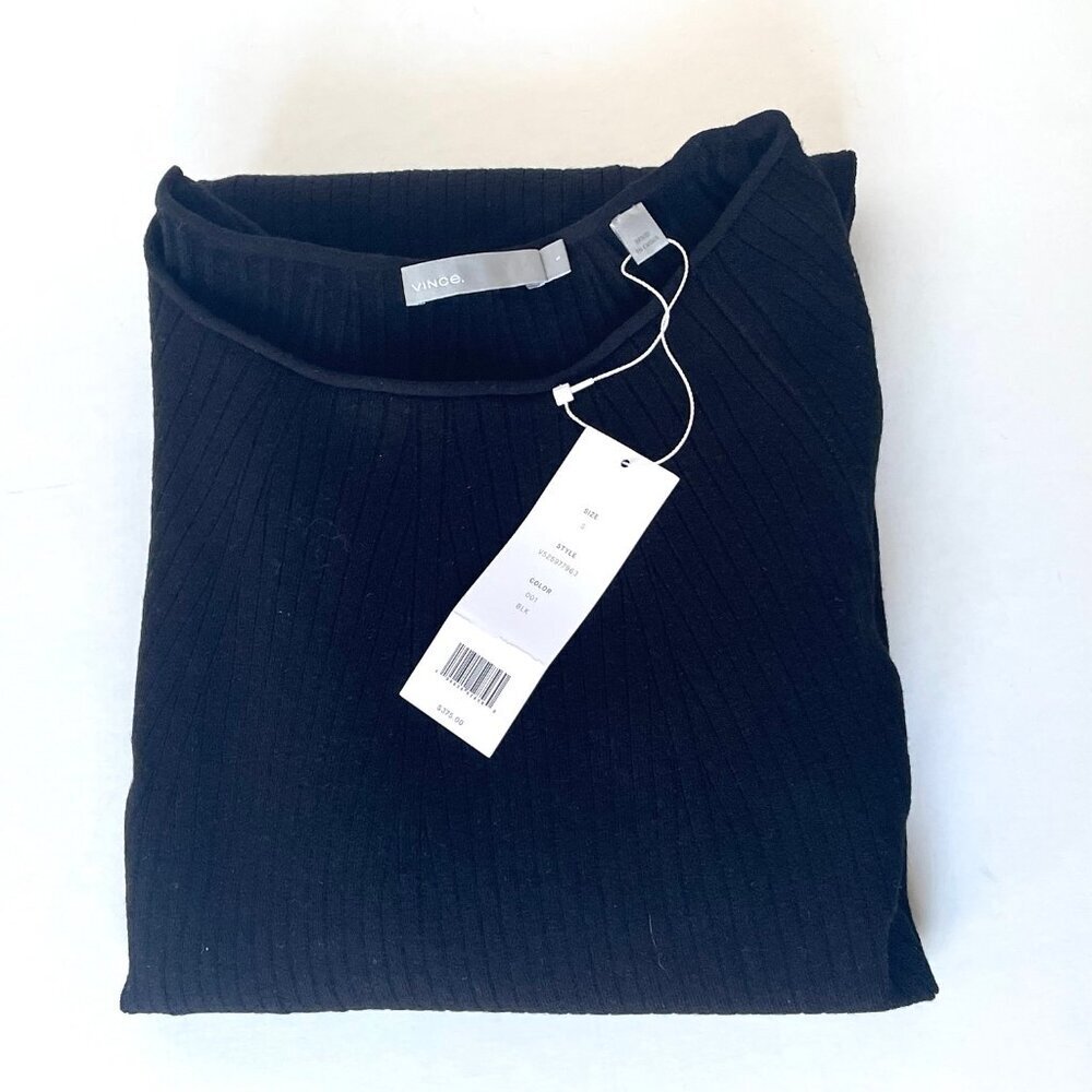 Vince Black Merino Wool Rib Knit Dress Small Scoop Neck Long Sleeve - Picture 5 of 9